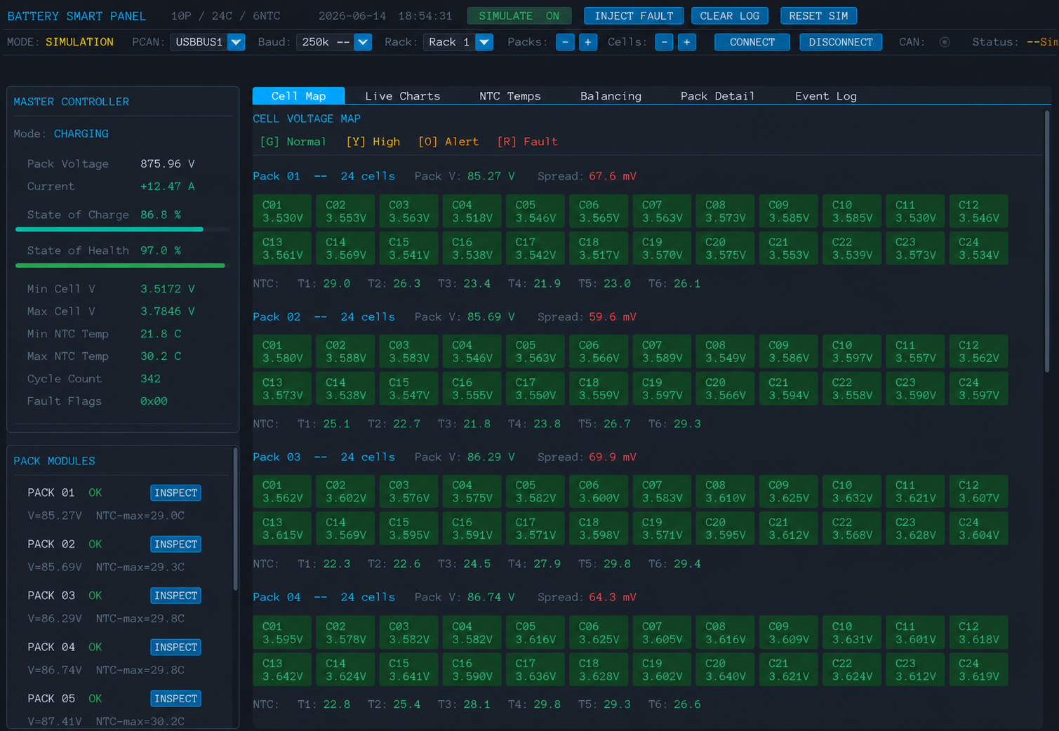Diagnosesoftware mit Zellspannungsmatrix, Pack-Modulen und Master-Controller-Werten